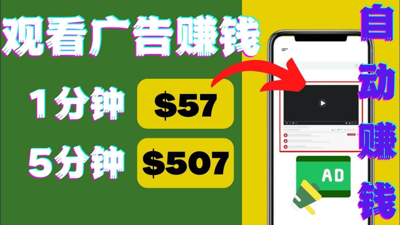 观看视频广告，只需要点击广告，每5分钟赚57美元|媒矿库