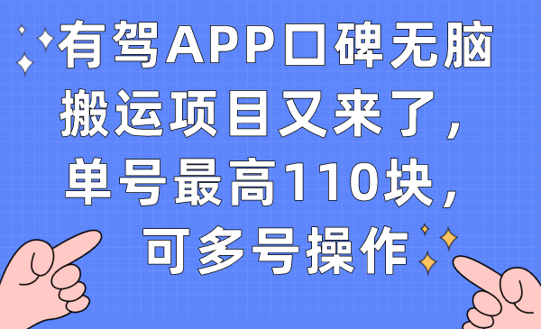 有驾APP口碑无脑搬运项目又来了，单号最高110块，可多号操作|媒矿库