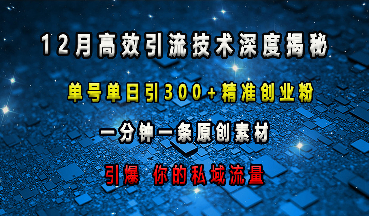 12月高效引流技术深度揭秘 ，单号单日引300+精准创业粉，一分钟一条原创素材，引爆你的私域流量|媒矿库