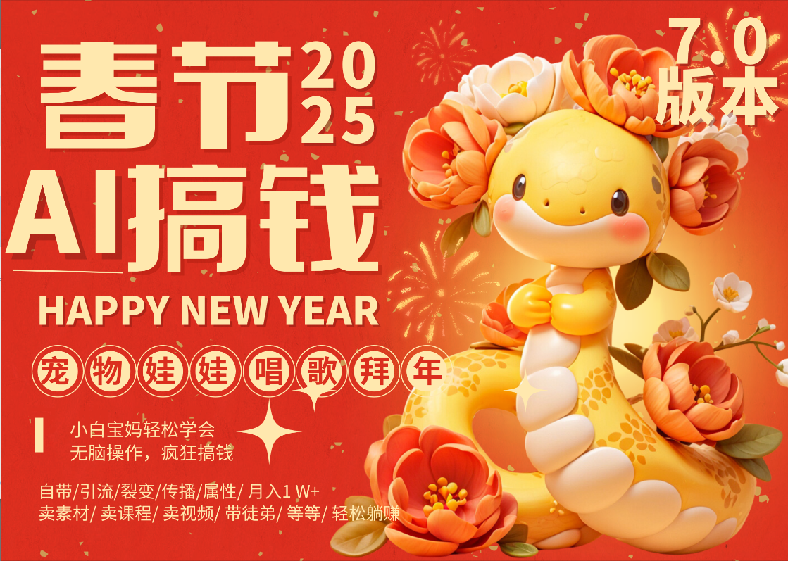 AI春节搞钱7.0升级版 蝴蝶号超火爆萌宠唱歌拜年  AI一键制作 批量出内容   春节做轻松躺赚 每日轻松十分钟  月赚米1W+  抓紧冲！可做视频 可卖素材只带小白和宝妈！|媒矿库