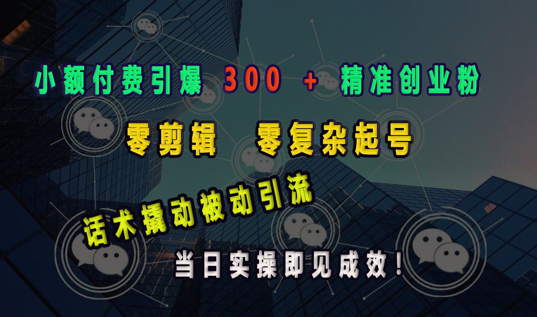 小额付费引爆 300 + 精准创业粉，零剪辑、零复杂起号，话术撬动被动引流，当日实操即见成效！|媒矿库