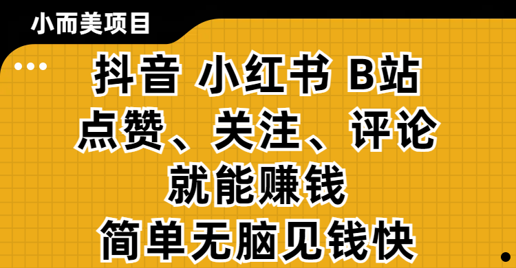小而美的项目，抖音、小红书、B站视频点赞、关注、评论就能赚钱，简单无脑立见收益！妥妥的零撸项目|媒矿库