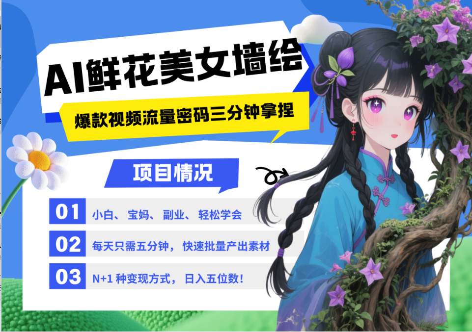 AI+墙绘+美女+鲜花 都是2025最火流量密码 爆款引流视频教程来了小白三分钟学会 N种变现渠道 月入五位数 管道收益|媒矿库
