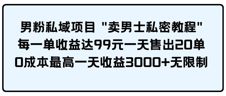 男粉私域项目 卖男士私密教程 每一单收益达99元一天售出20单|媒矿库